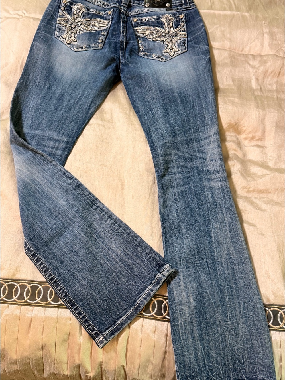 Miss Me Medium Blue Embroidered Pocket Flare Jeans
